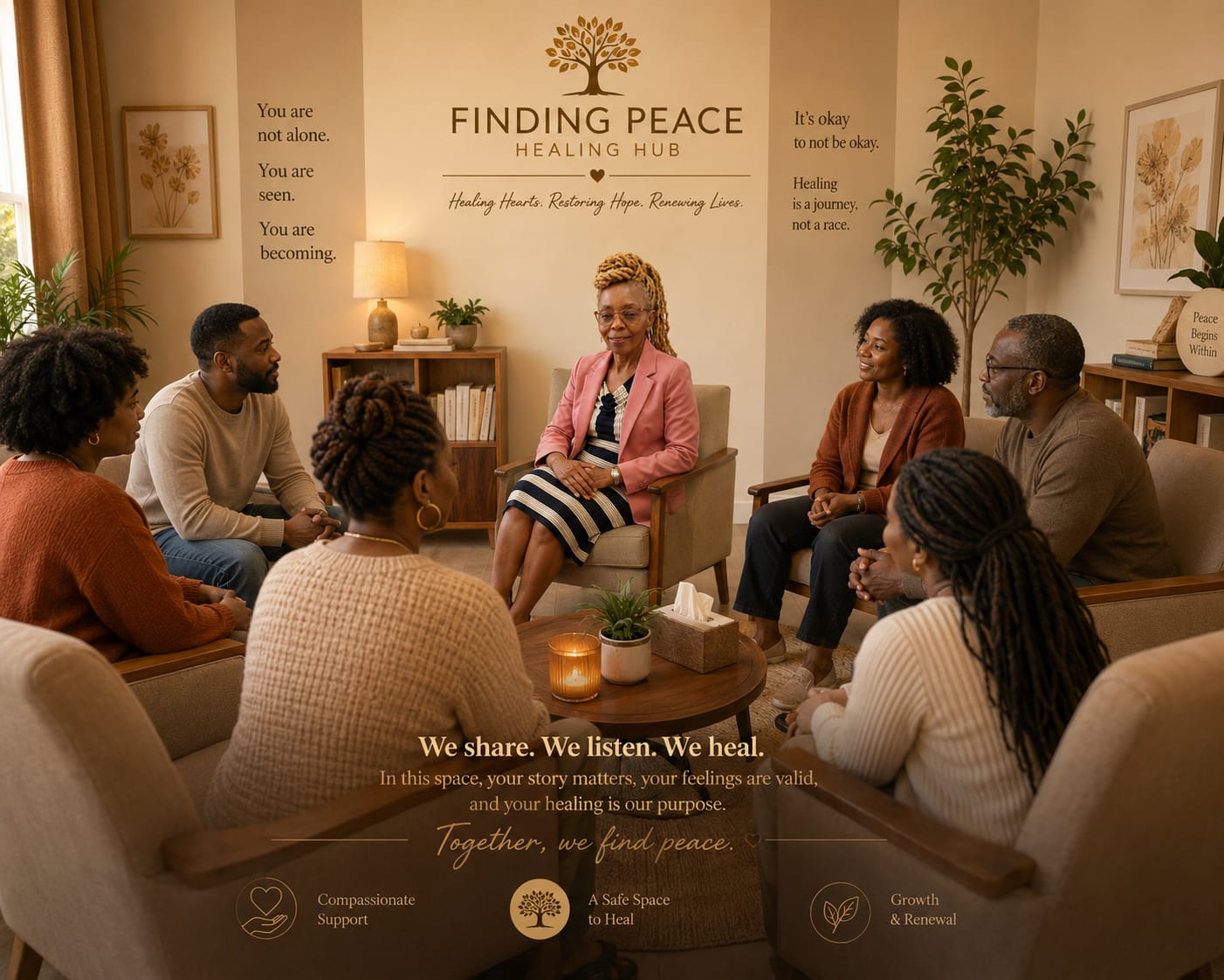 A warm group healing circle at Finding Peace Healing Hub